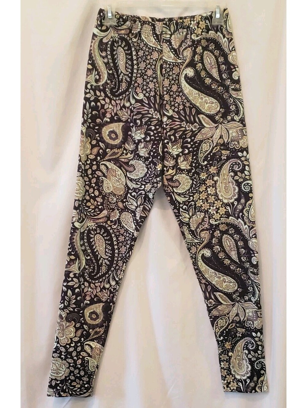 Womens Small Paisley Floral Print Leggings Black Beige Green Pull On Pants